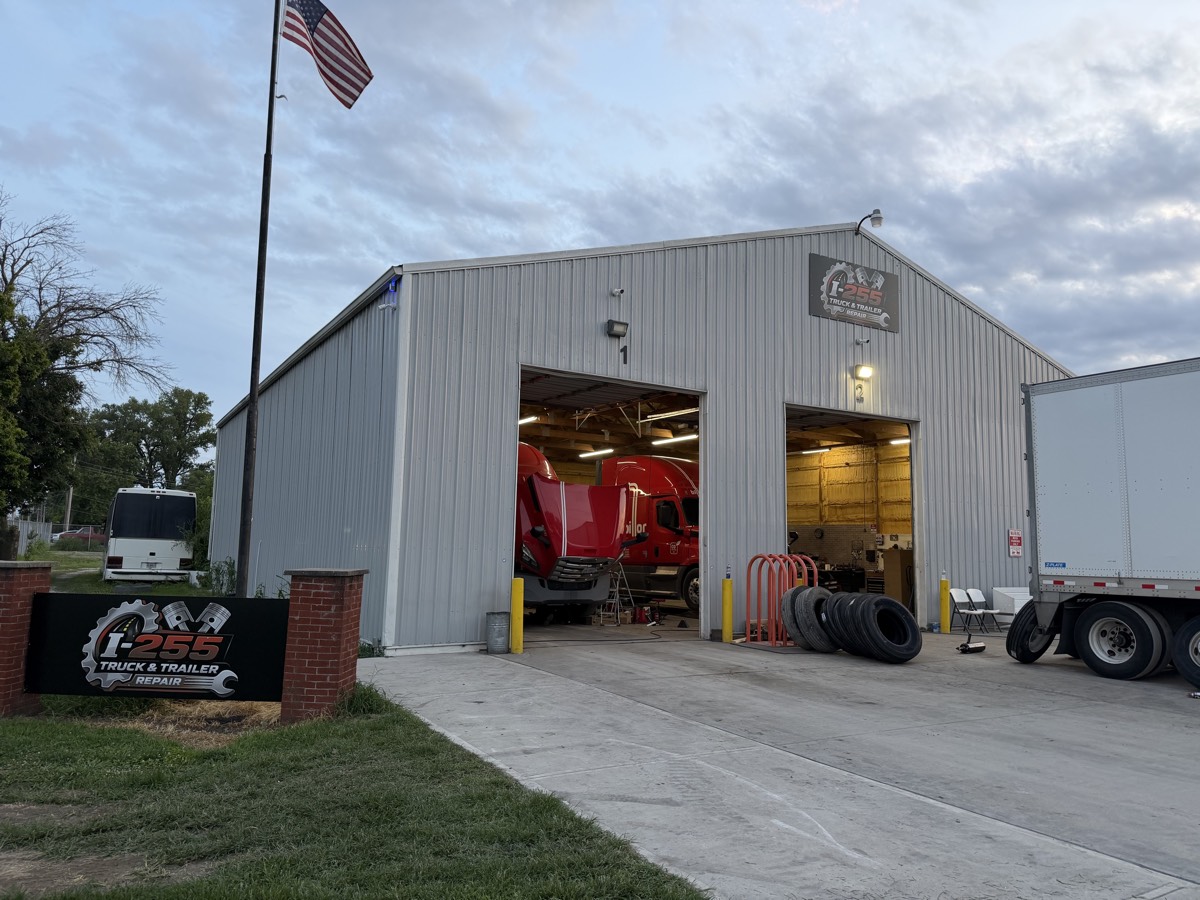 Open service bays at I-255 Truck & Trailer Repair, just off Route 3 in Sauget, Illinois